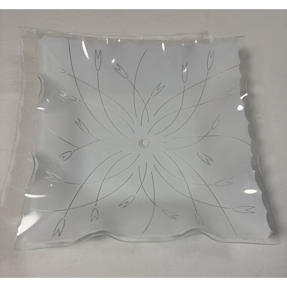 Vtg Square Ceiling Light Wavy Frosted Glossy Glass Shade Fixture 11.5" MCM Retro